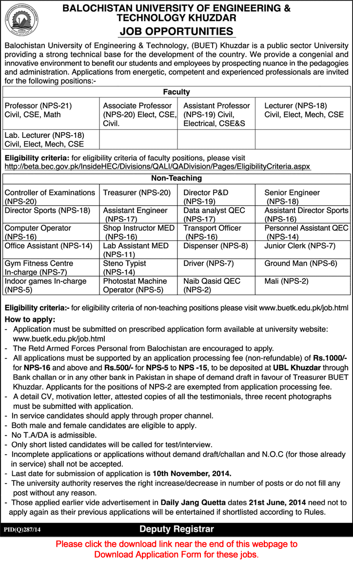 BUET Khuzdar Jobs 2014 October / November Application Form Download