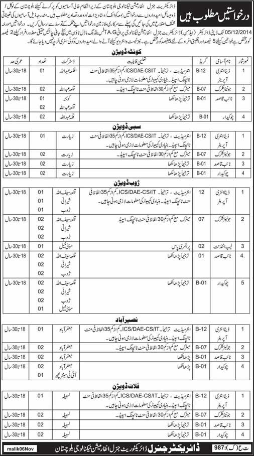 Directorate General of Information Technology Balochistan Jobs 2014 November Latest Advertisement