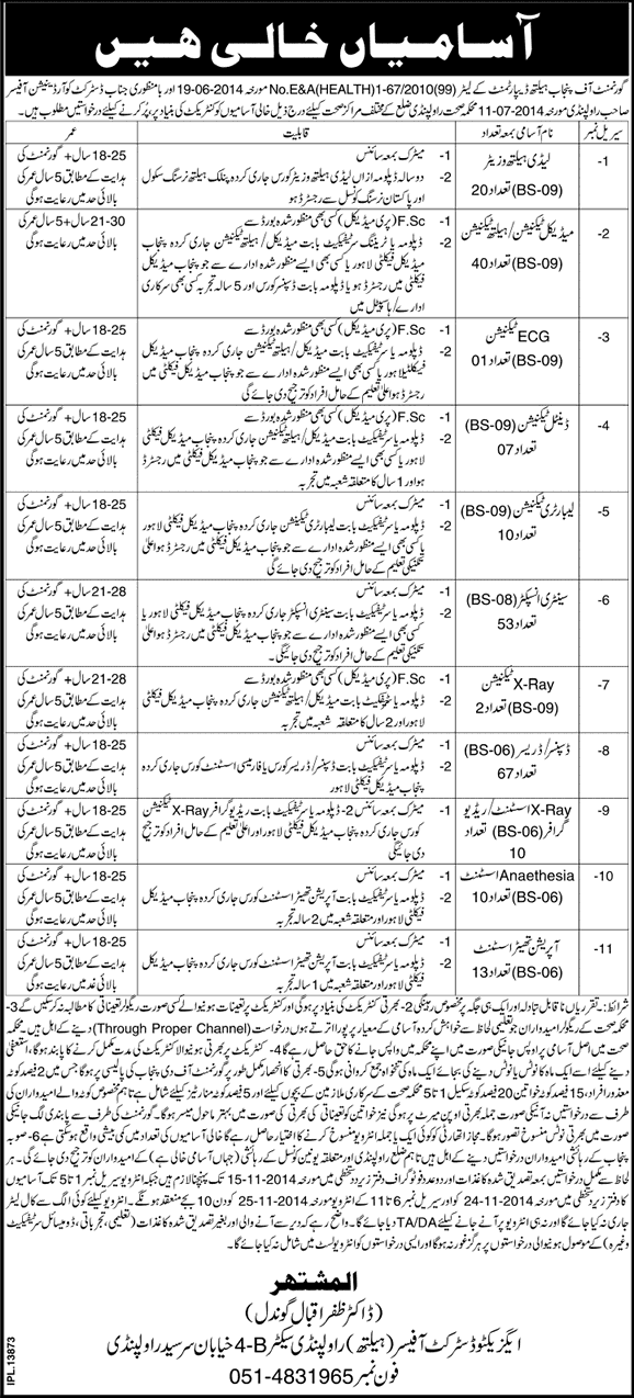 Health Department Rawalpindi Jobs 2014 November Latest Advertisement