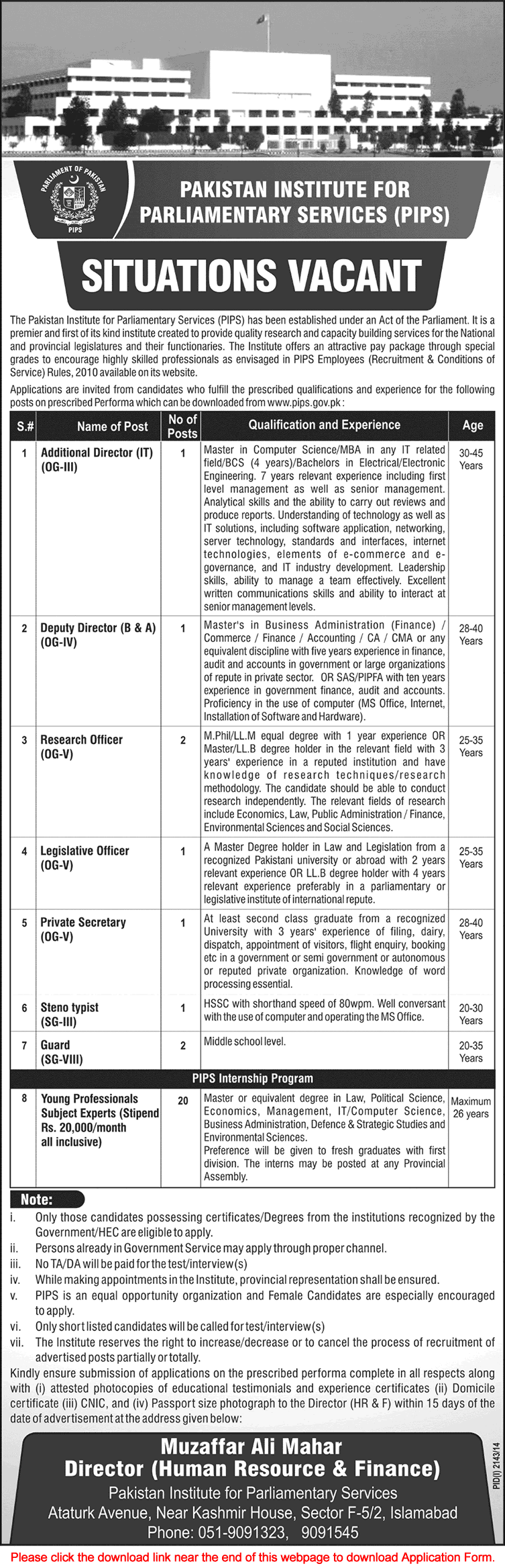 Pakistan Institute for Parliamentary Services Internship Program 2014 Application Form Download PIPS