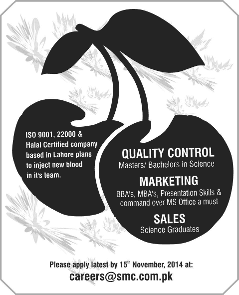 Standard Manufacturing Company Lahore Jobs 2014 November Quality Control, Marketing & Sales Staff