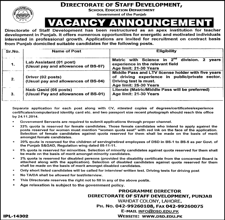 Directorate of Staff Development Lahore Jobs 2014 November School Education Department Punjab