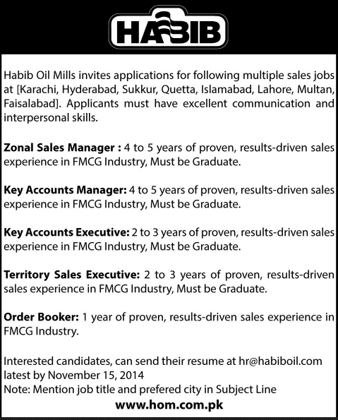 Habib Oil Mills Jobs 2014 November Sales / Key Accounts Managers / Executives & Order Bookers