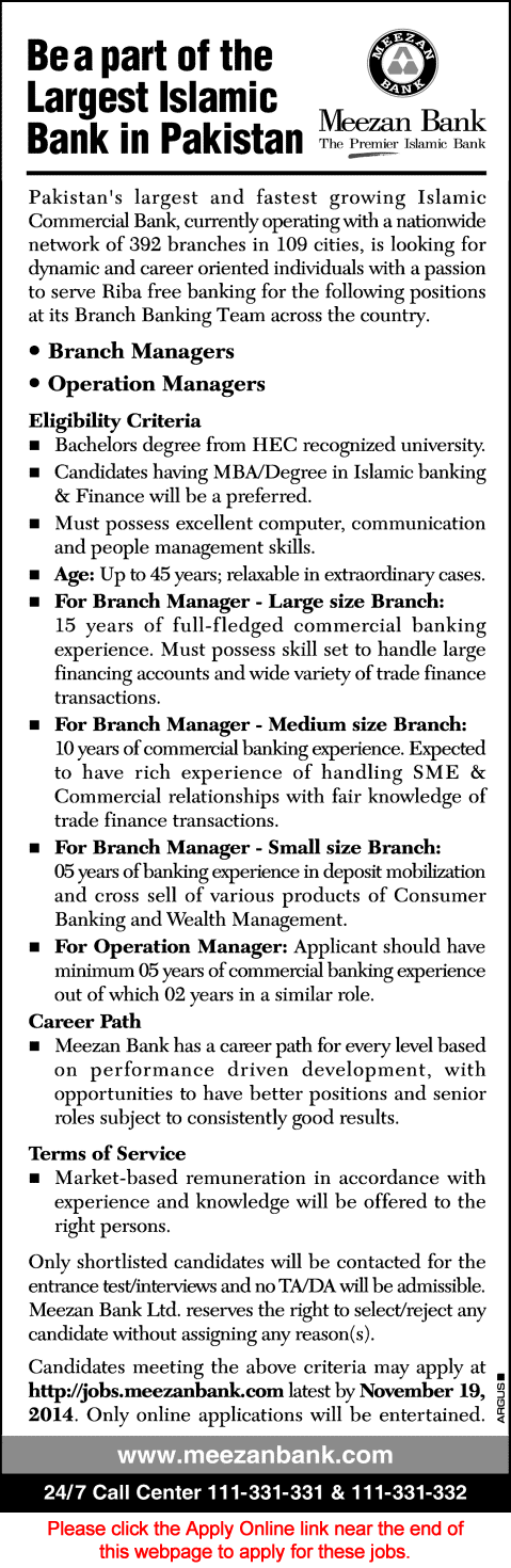 Meezan Bank Jobs November 2014 Branch & Operation Managers Latest Advertisement