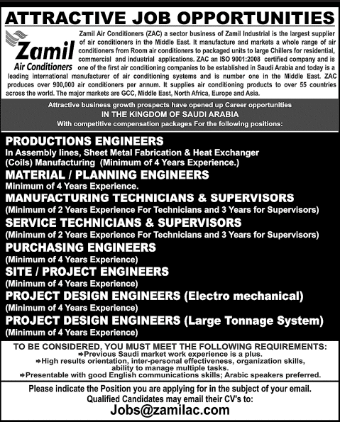 Zamil Air Conditioners Saudi Arabia Jobs 2014 November Pakistani Engineers & Technicians