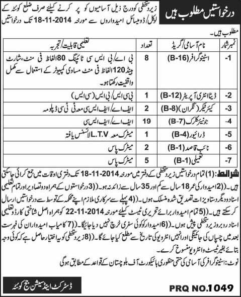 District and Session Court Quetta Jobs 2014 November Latest Advertisement