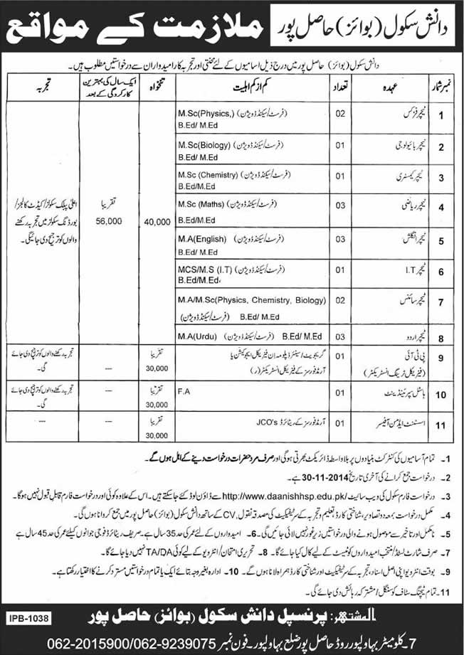 Daanish School Hasilpur Jobs 2014 November Application Form Download Latest