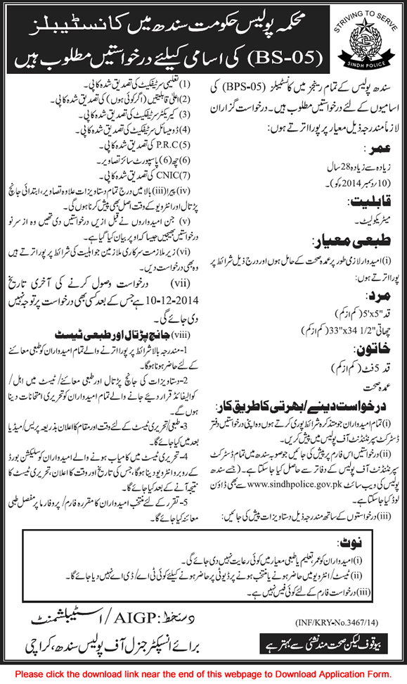 Sindh Police Jobs November 2014 Constable Application Form & Advertisement