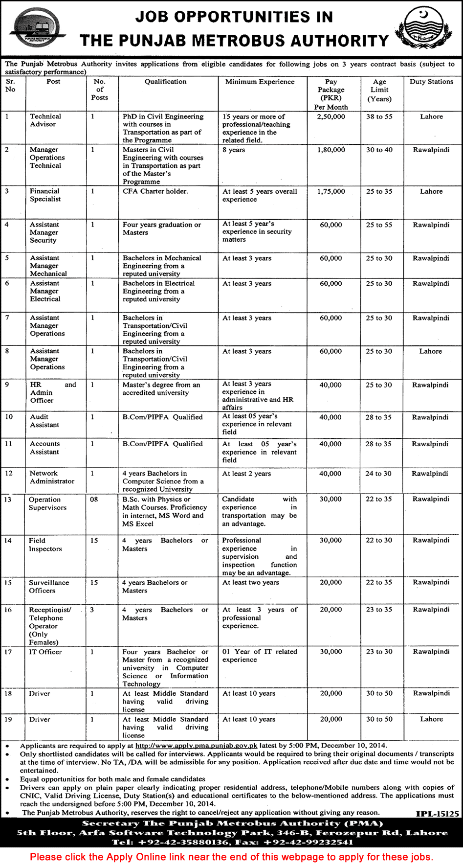 Punjab Metrobus Authority Jobs 2014 November Rawalpindi & Lahore Online Application Form