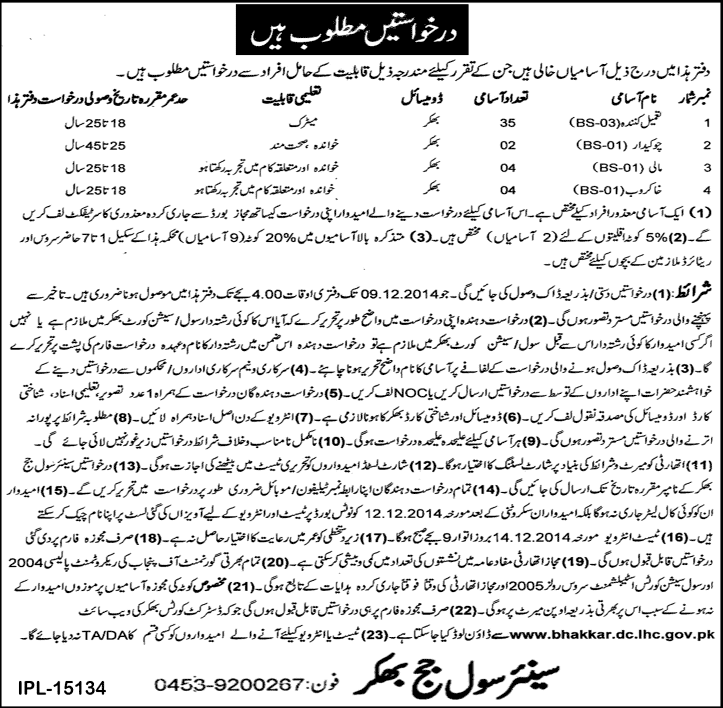 Civil Courts Bhakkar Jobs 2014 November Tameel Kuninda, Chowkidar, Mali & Khakroob