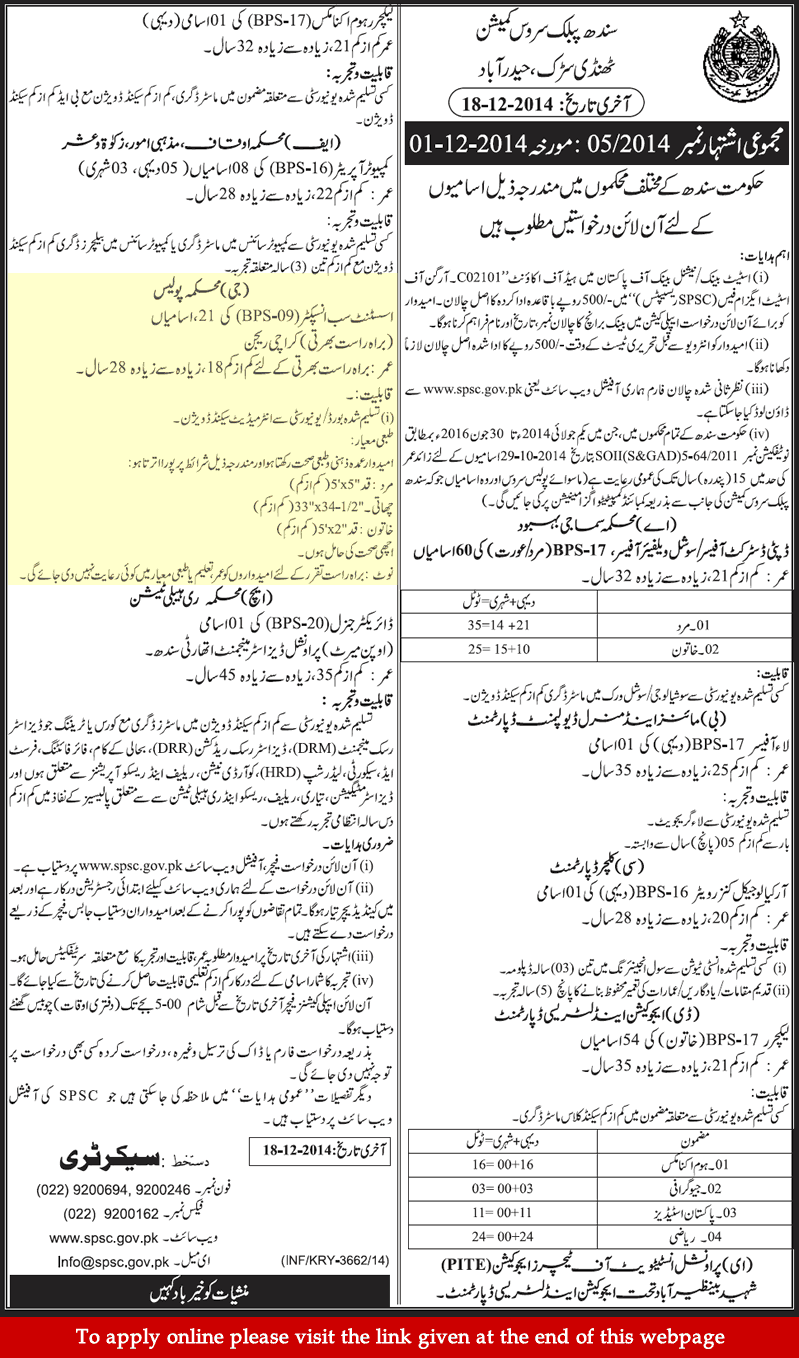 Sindh Police ASI Jobs in Karachi 2014 December SPSC Online Application Form