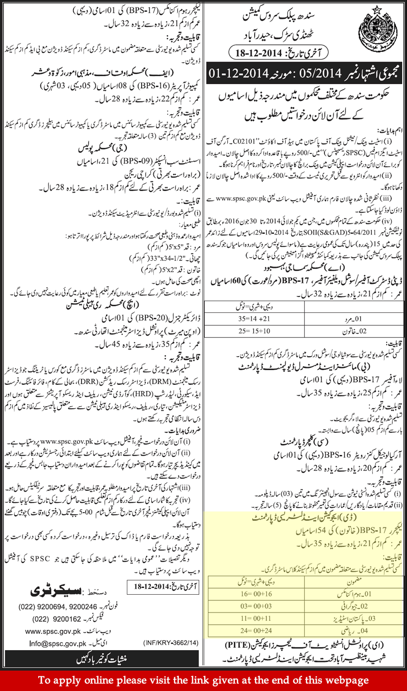 Education and Literacy Department Sindh Jobs 2014 December SPSC Online Application Form Lecturers