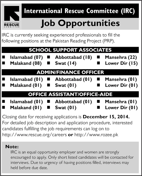 IRC Pakistan Jobs 2014 December Finance / Admin Officer / Assistant & School Support Associates