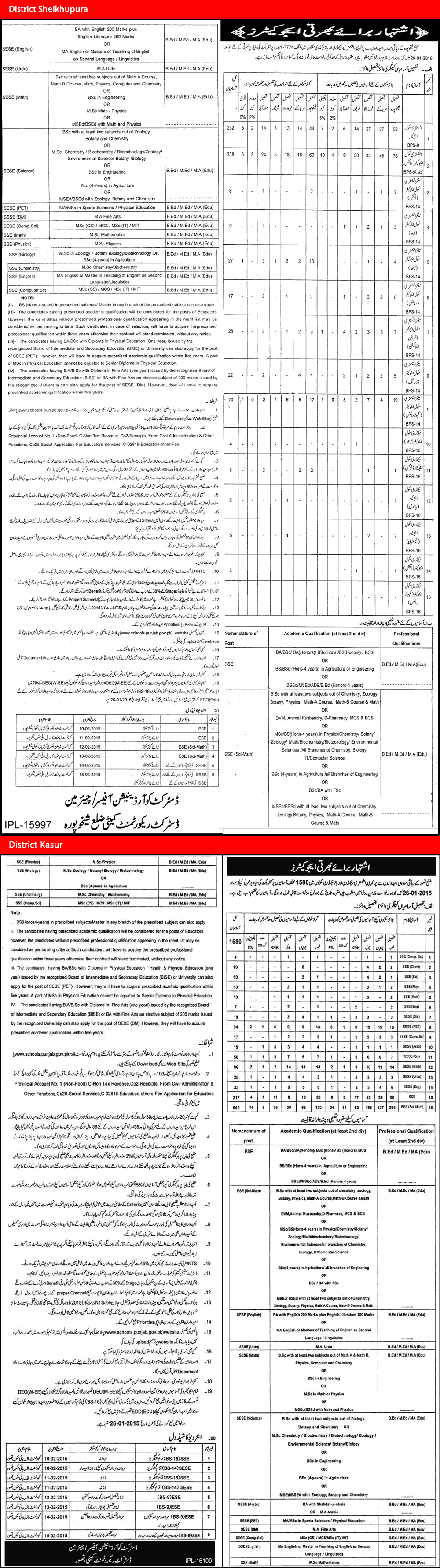 Educators Jobs in District Sheikupura / Kasur 2014 December Application Form Download