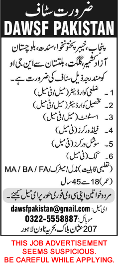 DAWSF Pakistan Jobs 2014 December Latest Coordinators, Social / Field Workers, Assistant & Others