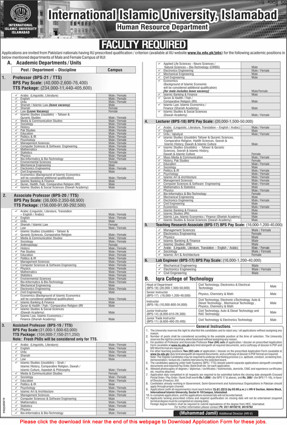 IIUI Jobs December 2014 Academic Faculty Application Form Latest / New