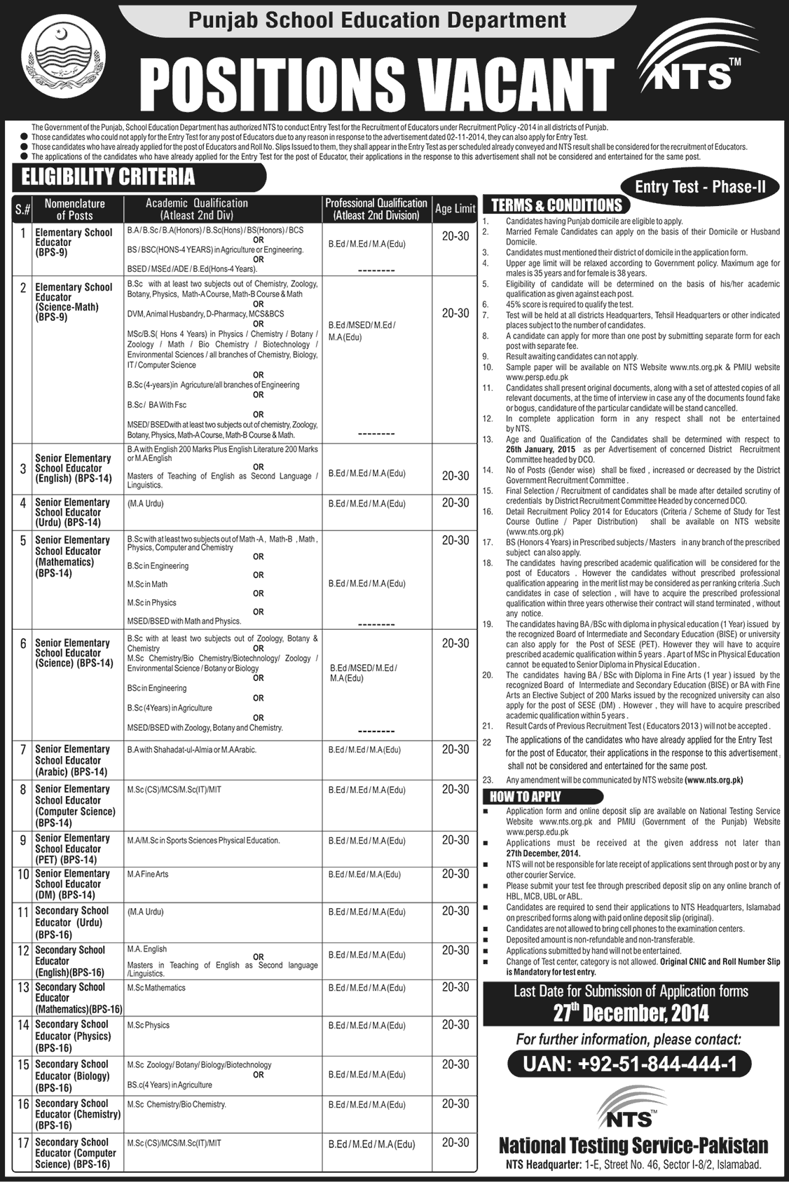 Punjab School Education Department Jobs December 2014 NTS Test Phase-II / 2 Application Form