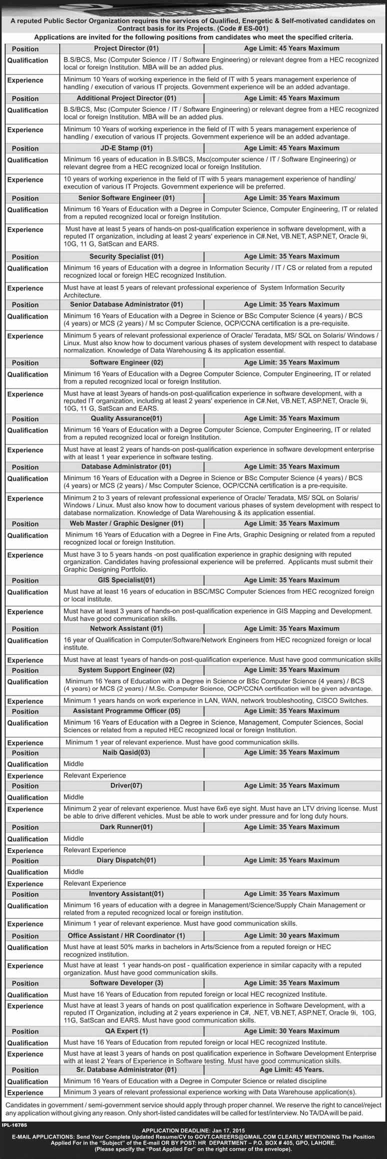 PO Box 405 GPO Lahore Jobs December 2014 / January 2015 Project ES-001 Public Sector Organization