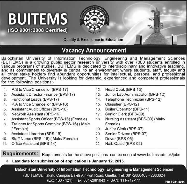 BUITEMS University Quetta Jobs December 2014 / January 2015 Application Form