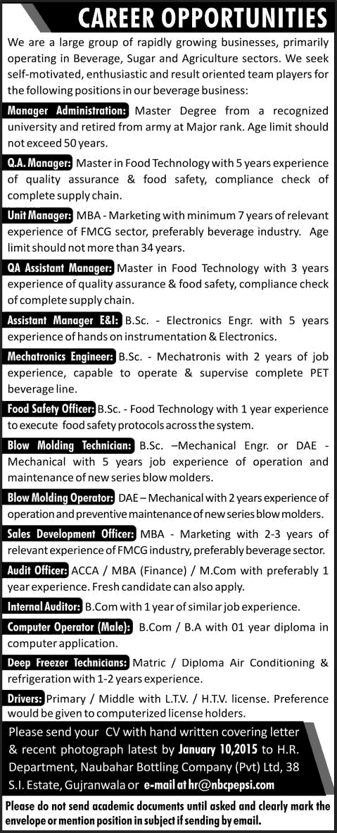 Naubahar Bottling Company Gujranwala Jobs December 2014 January 2015 NBC Pepsi Latest