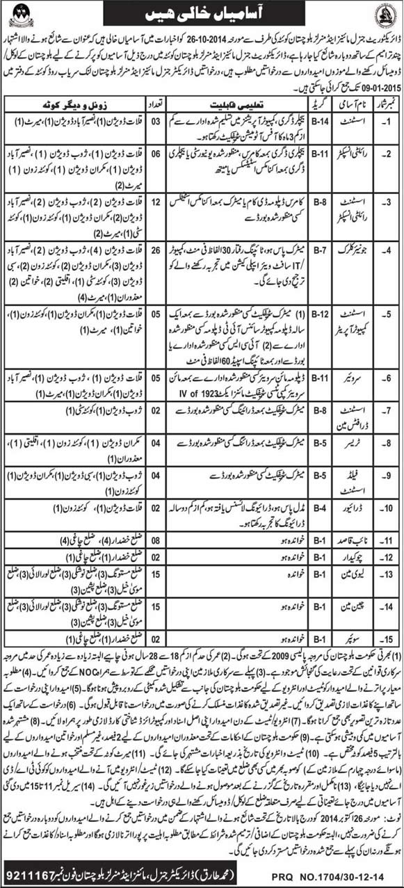 Directorate of Mines and Minerals Balochistan Jobs 2014 December / 2015 January Quetta Latest