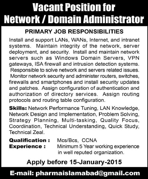 Domain / Network Administrator Jobs in Islamabad 2015 Latest / New