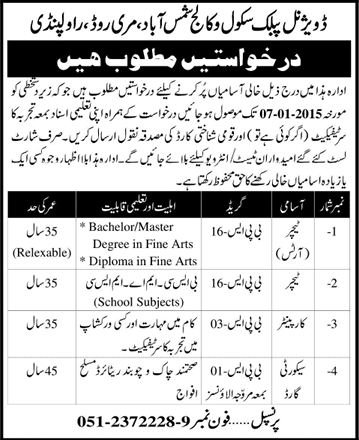 Divisional Public School and College Rawalpindi Jobs 2015 Teachers, Carpenter & Security Guard