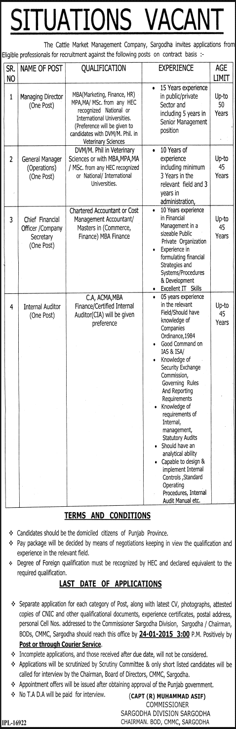 Cattle Market Management Company Sargodha Jobs 2015 Financial / Senior Management Latest / New