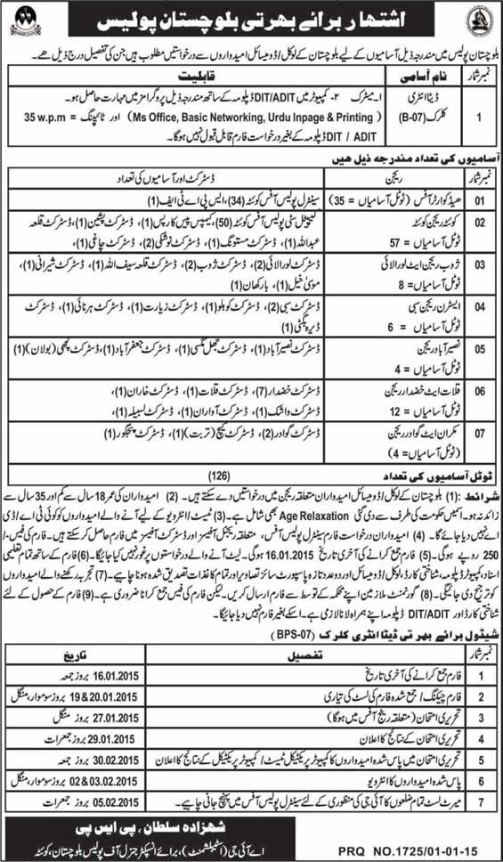 Balochistan Police Jobs 2015 Data Entry Clerks Recruitment Schedule