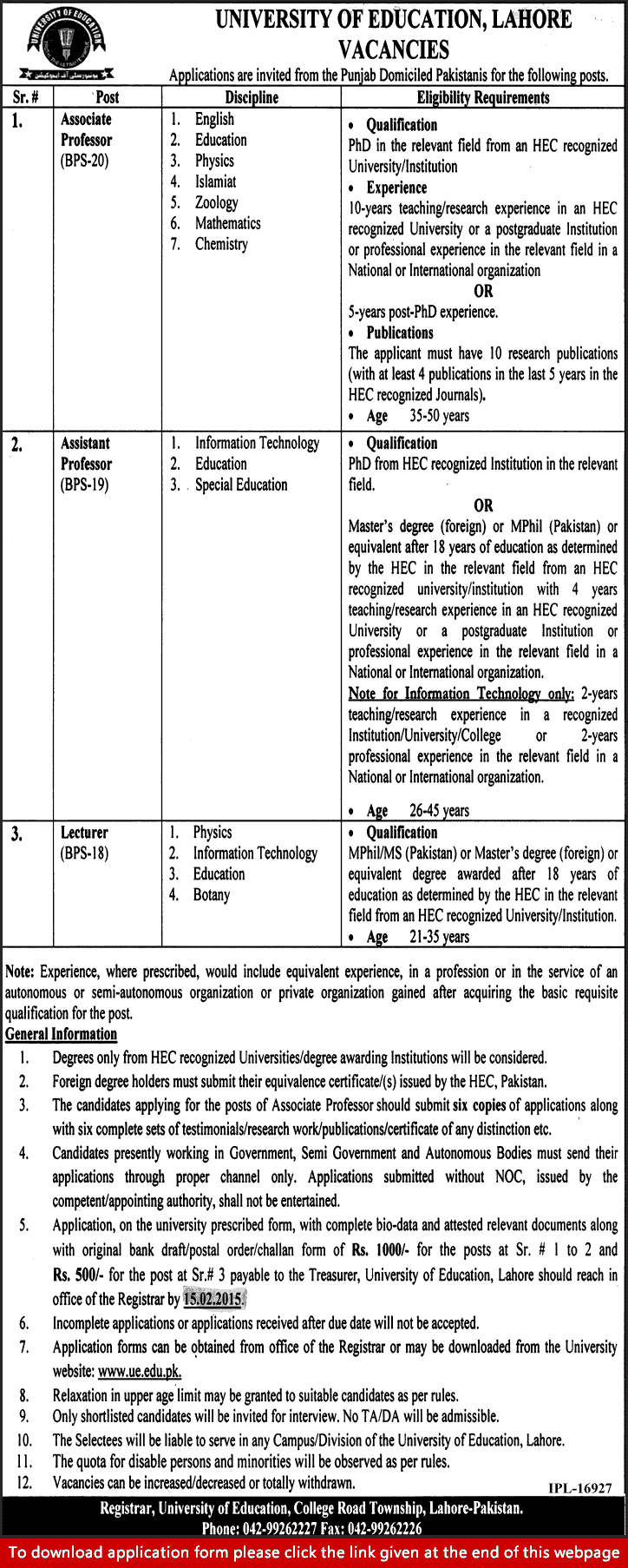 Faculty Jobs in University of Education Lahore 2015 Application Form