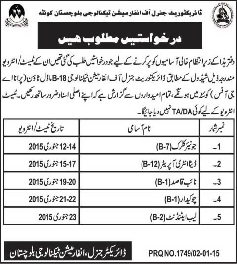 Directorate of Information Technology Balochistan Jobs Test / Interview Schedule 2015 Latest