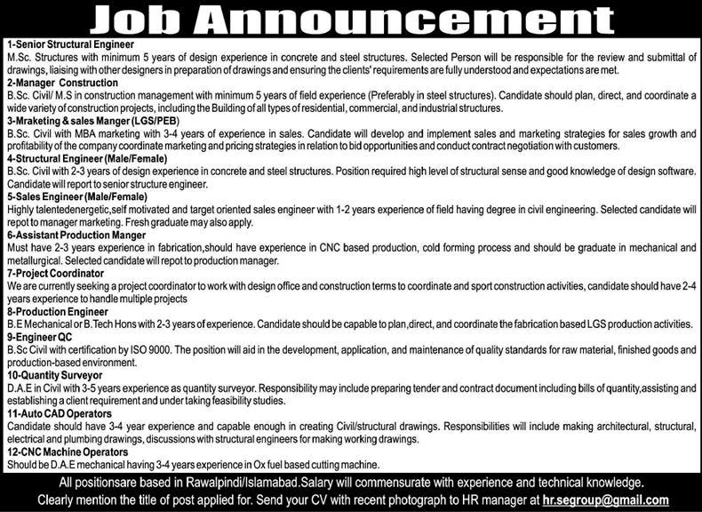 Structural / Mechanical / Civil Engineers & Sales Engineer Jobs in Rawalpindi / Islamabad 2015