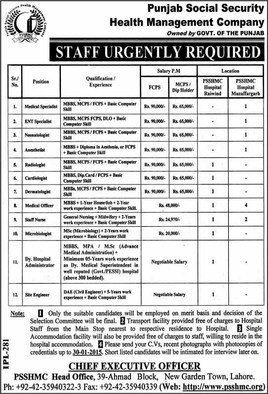 Punjab Social Security Health Management Company Jobs 2015 PSSHMC Medical Specialists / Officers & Others