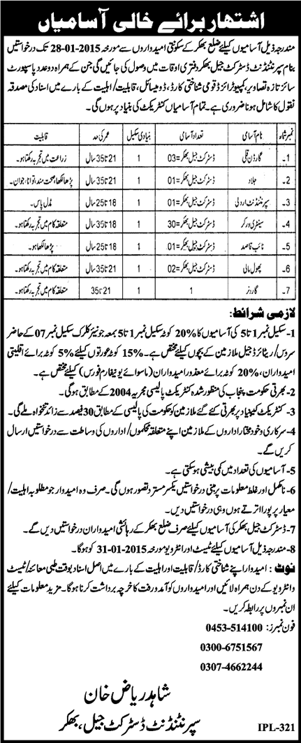 District Jail Bhakkar Jobs 2015 Sanitary Worker, Garden Coolie, Mali & Other Positions Latest