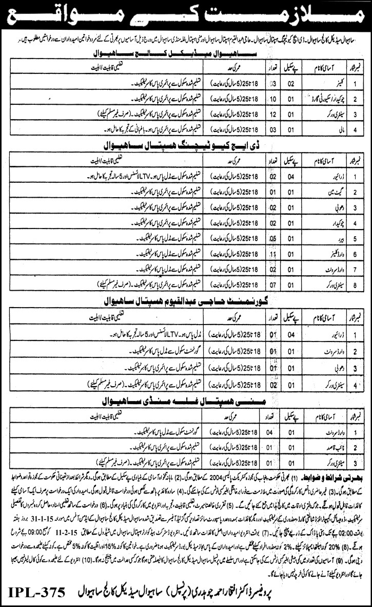 Government Hospital Jobs in Sahiwal 2015 Drivers, Naib Qasids, Cleaners & Chowkidar