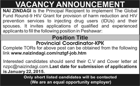 Nai Zindagi Jobs 2015 NGO Provincial Coordinator KPK in Peshawar Pakistan