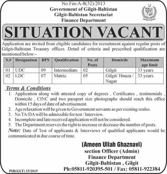 Clerk Jobs in Finance Department Gilgit-Baltistan 2015 LDC / UDC Latest