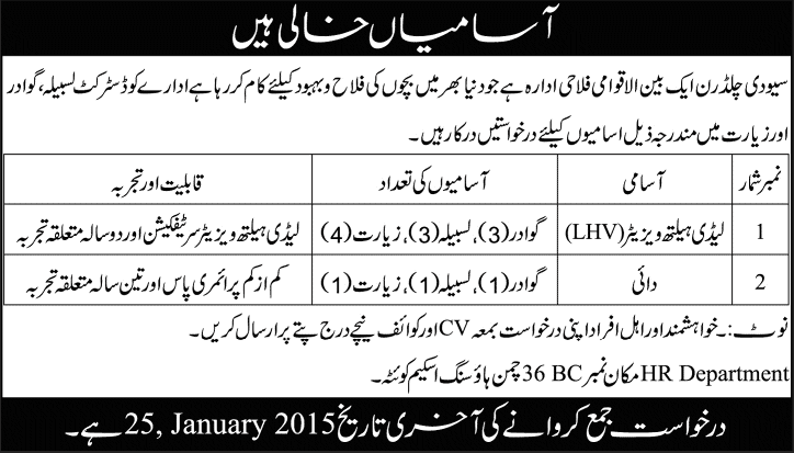 Lady Health Visitor & Dai Jobs in Balochistan 2015 Save the Children Latest