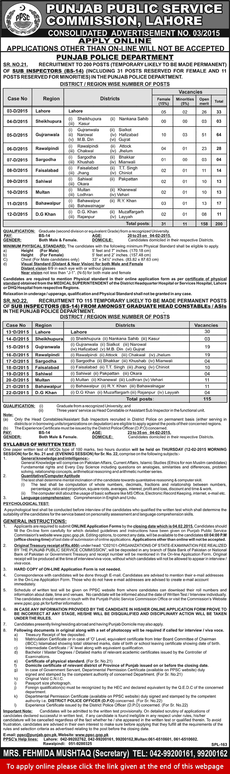 Sub Inspector Jobs in Punjab Police 2015 Pakistan PPSC Apply Online Latest / New
