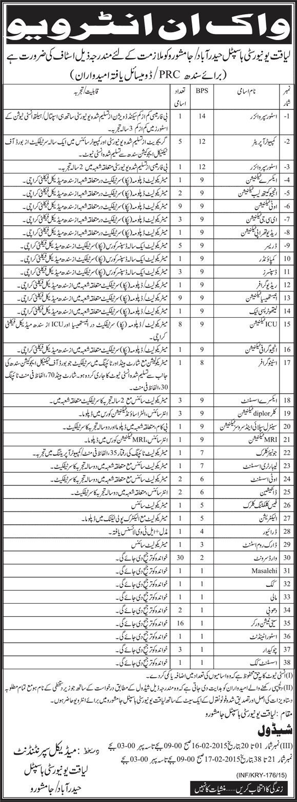 Liaquat University Hospital / Hyderabad Jamshoro Jobs 2015 Walk in Interviews Latest