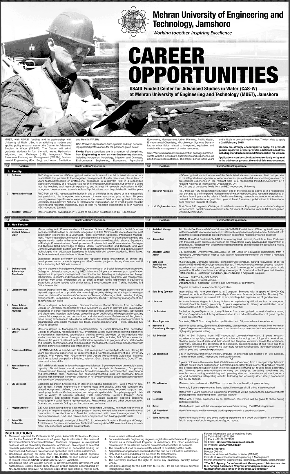 Mehran University Jamshoro Jobs 2015 for Faculty & Non Faculty Positions Latest