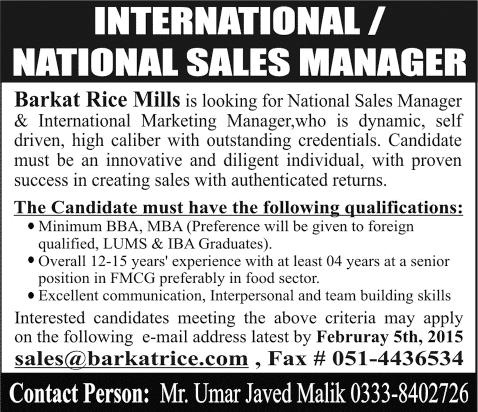 International / National Sales Manager Jobs in Islamabad 2015 Barkat Rice Mills Latest