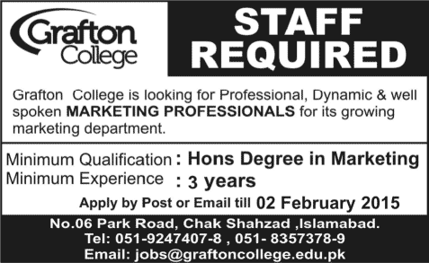 Marketing Jobs in Islamabad 2015 Pakistan Latest at Grafton College