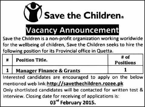 Manager Finance Jobs in Quetta 2015 Balochistan at Save the Children NGO Latest