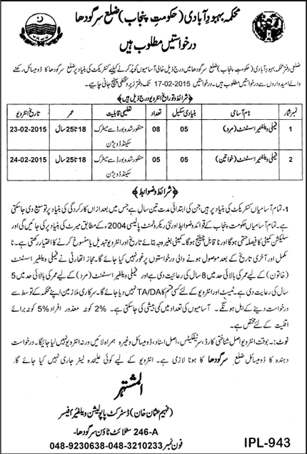 Family Welfare Assistant Jobs in Sargodha Population Welfare Department 2015 Interview Schedule