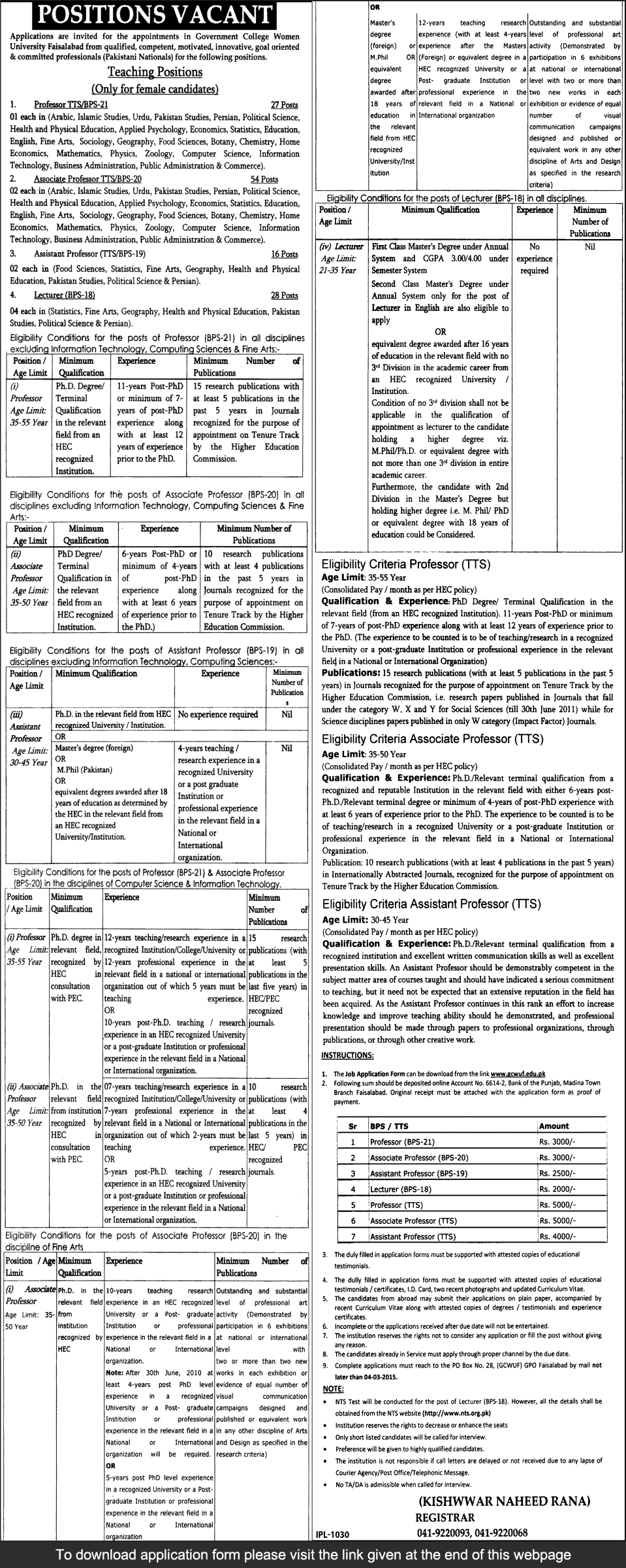 Government College Women University Faisalabad Jobs 2015 GCWUF Faculty Application Form