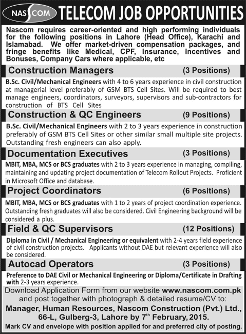 NASCOM Construction Pvt. Ltd Jobs 2015 Civil / Mechanical Engineers, Project Coordinators & Others