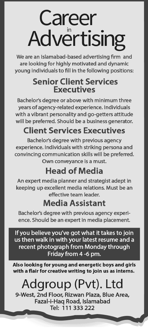 Adgroup Adverting Islamabad Jobs 2015 February Media Assistant, Client Services Executive & Head of Media