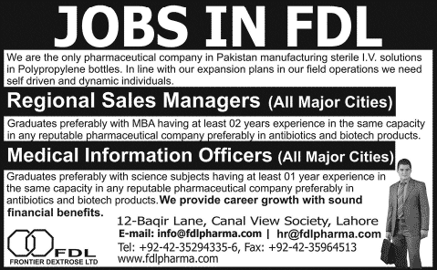 Frontier Dextrose Ltd Jobs 2015 FDL Pharma Sales Managers & Medical Information Officers