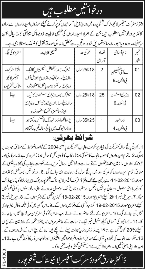 AI Technician, Veterinary Assistants & Driver Jobs in Sheikhupura 2015 District Livestock Office